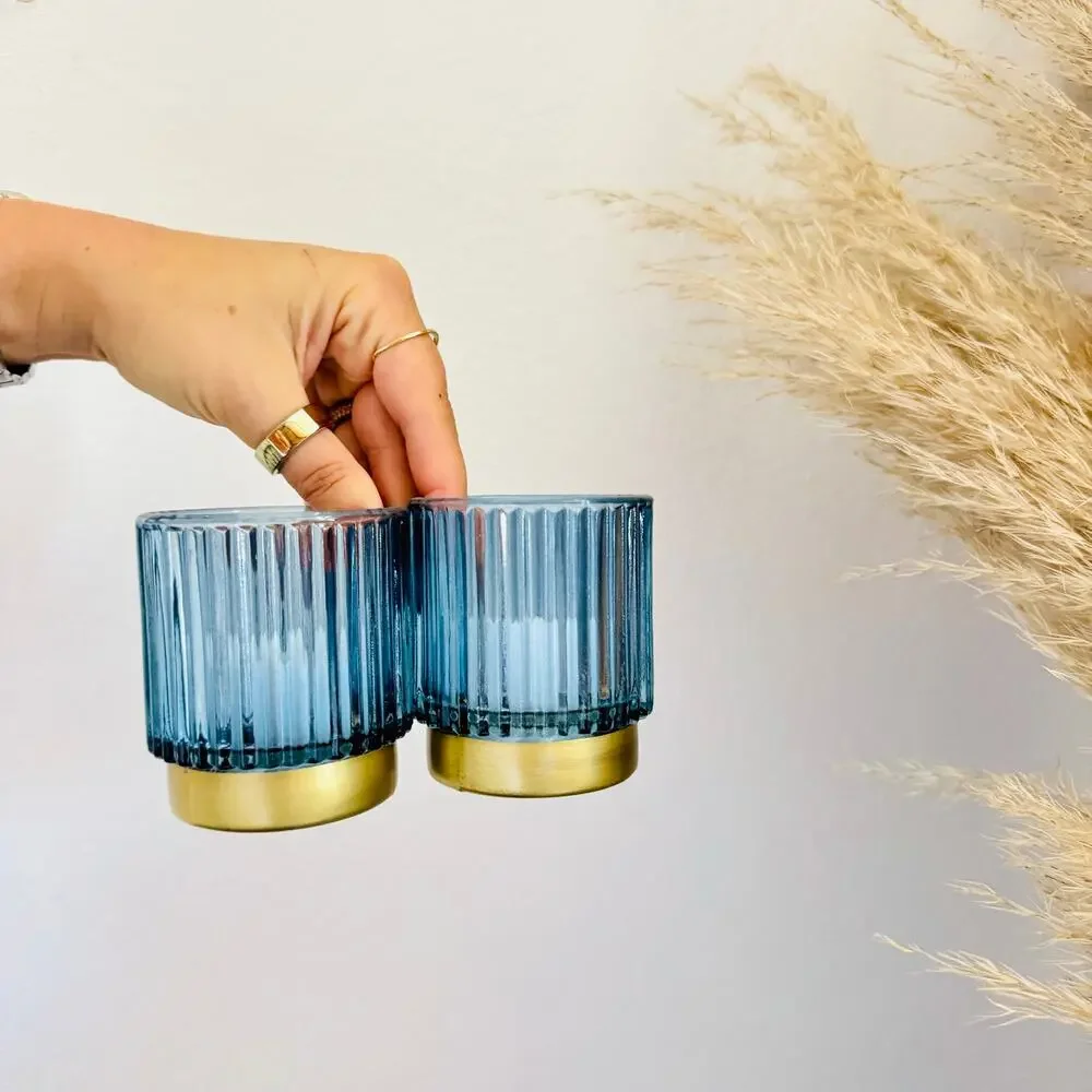 2 NEW ANTHROPOLOGIE TERRAIN Gold Blue Iridescent Glass Votive Candle Holder Set